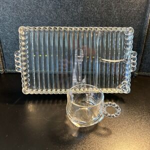 Vtg Party Snack Tray‎ With Cup Sip Snack & Smoke Clear Crystal Glass Hazel Atlas